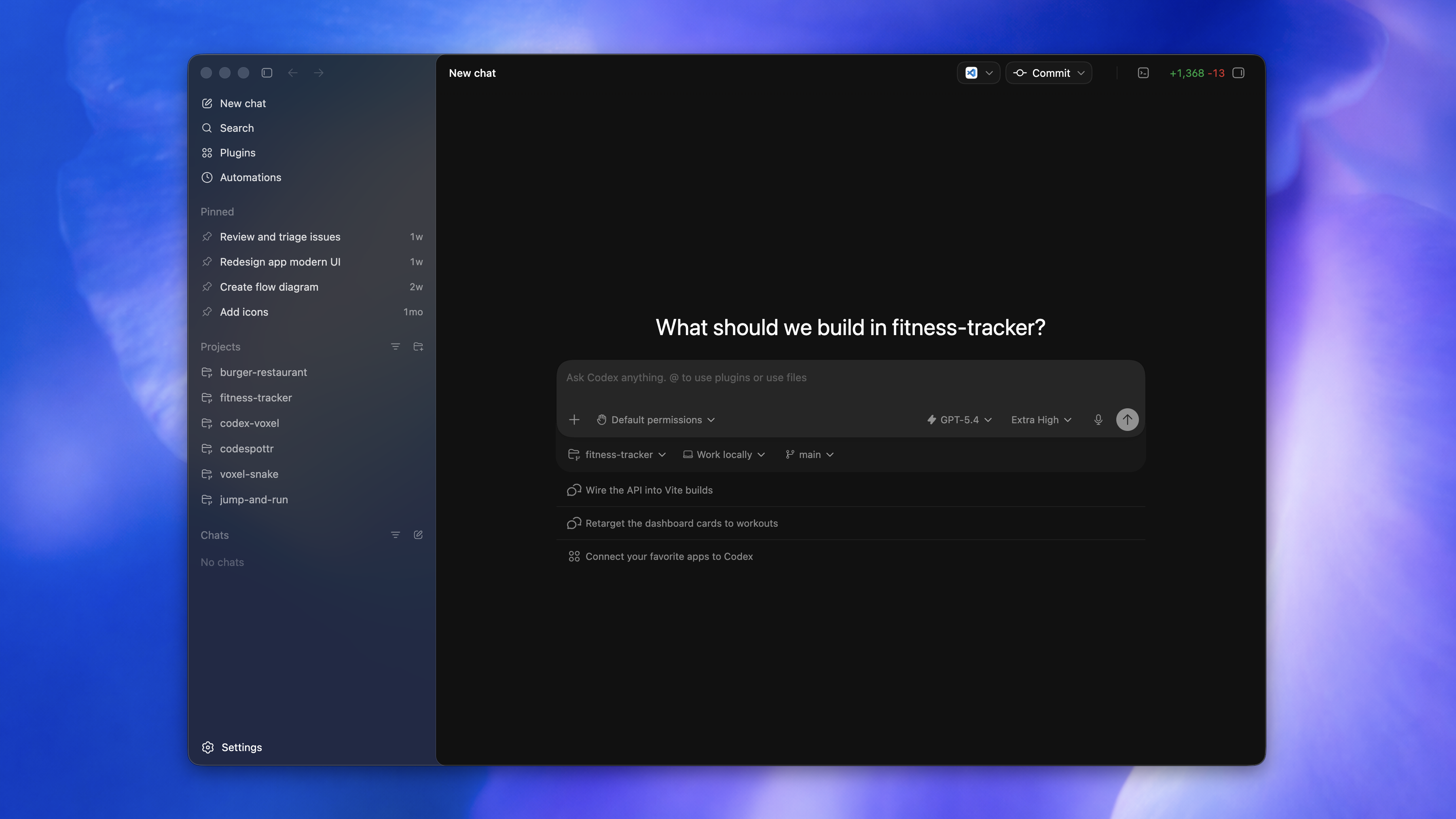 Codex CLI showing a project sidebar, thread list, and review pane