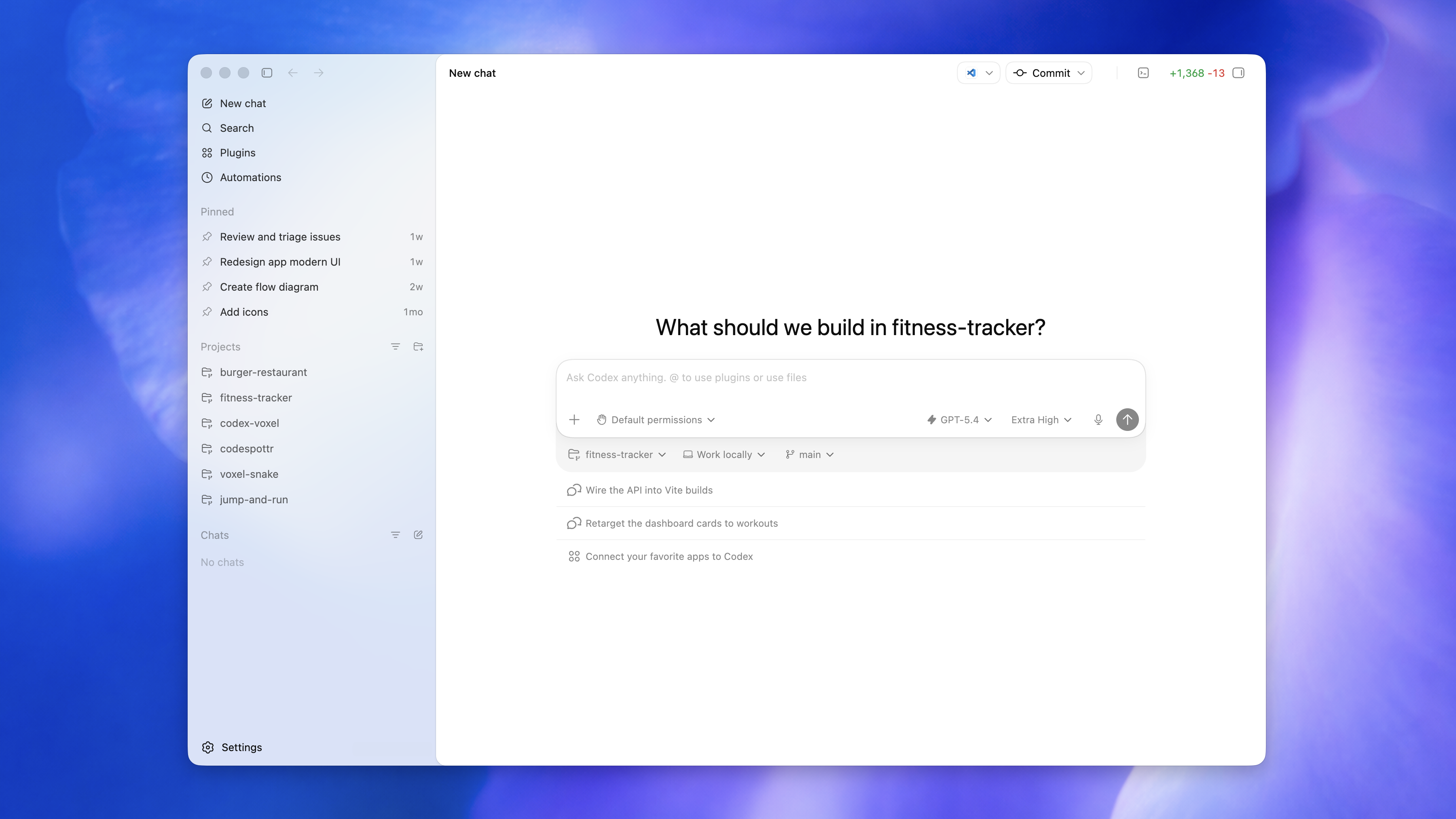 Codex CLI showing a project sidebar, thread list, and review pane